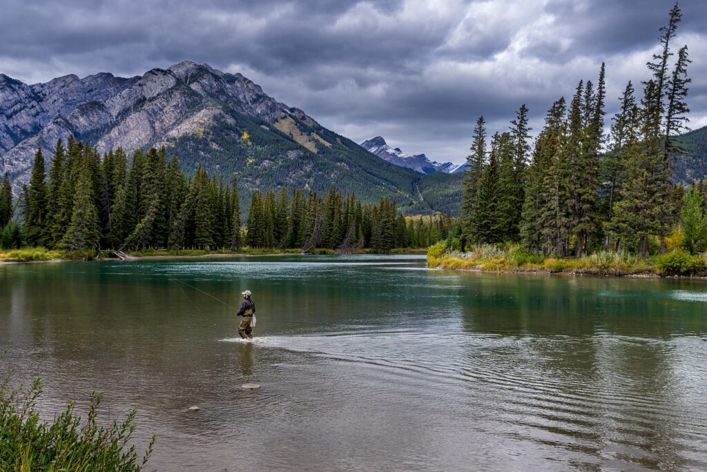 river, fishing, mountains, fisherman, man, water, trees, cloudy, national park, rocky mountains, mountain range, scenic, nature, bow river, banff national park, banff, alberta, canada, fishing, fishing, fishing, fishing, fishing, canada